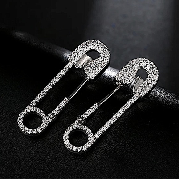 Rhinestone Silver Safety Pin Earrings - Picture 3 of 7